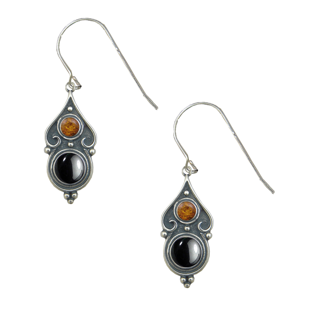 Sterling Silver Designer Post Stud Earrings With Hematite And Amber